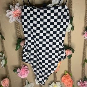 Black & white spaghetti strap checkered body suit